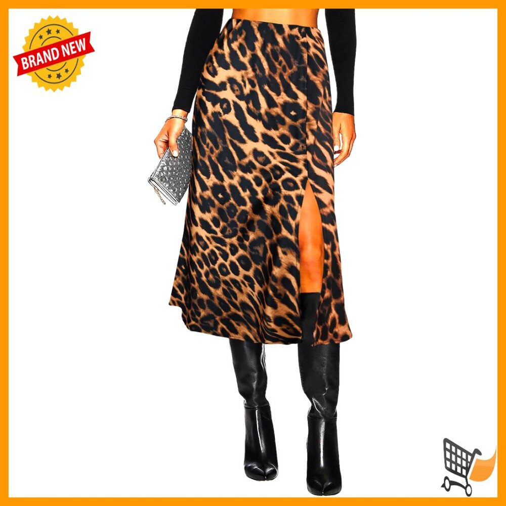 Satin Midi Skirt High Waisted A-Line Side Slit Elegant Cheetah Print Silk